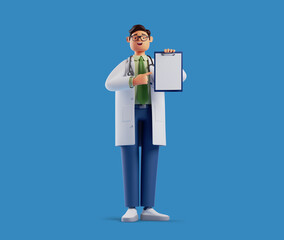3d render, full size cartoon character doctor. Caucasian man wears white coat and glasses, shows clipboard with blank paper. Health insurance concept. Best choice or recommendation metaphor