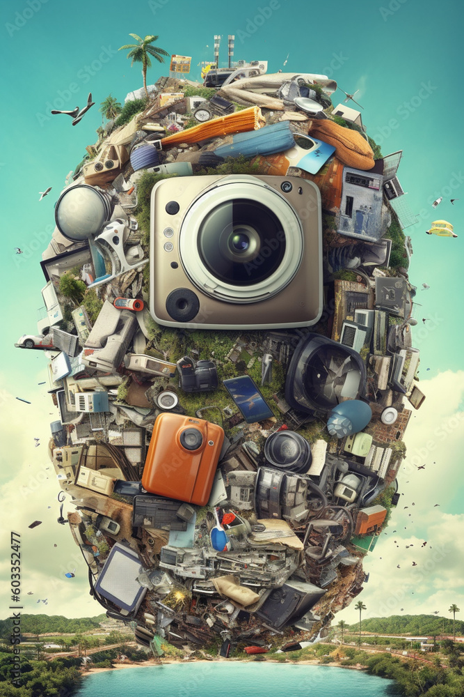 Poster A collage of recycled materials and items, highlighting the importance of recycling and reducing waste to protect the Earth's resources.  Generative AI technology.