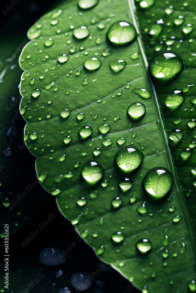Poster A close-up image of water droplets cascading down a leaf, showcasing the mesmerizing and refreshing nature of water.  Generative AI technology.
