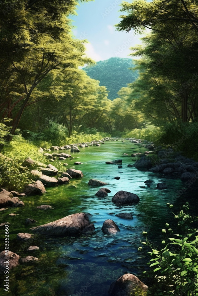 Aufkleber a tranquil image of a peaceful river flowing through a lush forest, inviting a sense of serenity and
