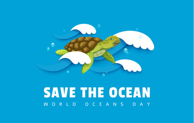 Save the ocean poster. Cartoon sea turtle in paper cut waves with happy expression on face, enjoying the ride. Vector world background conveys the world oceans day vibes in 3d papercut style