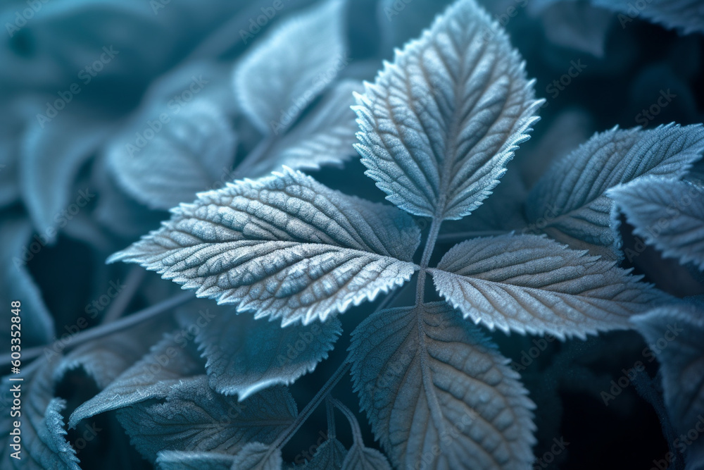 Aufkleber frost-covered leaves, capturing the intricate and delicate patterns formed by freezing temperatures. Generative AI technology.