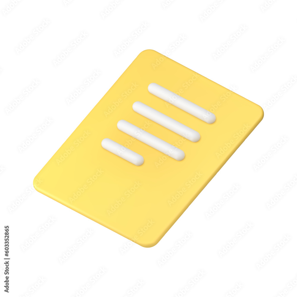 Poster yellow paper sheet document with text contract information form isometric 3d icon realistic vector