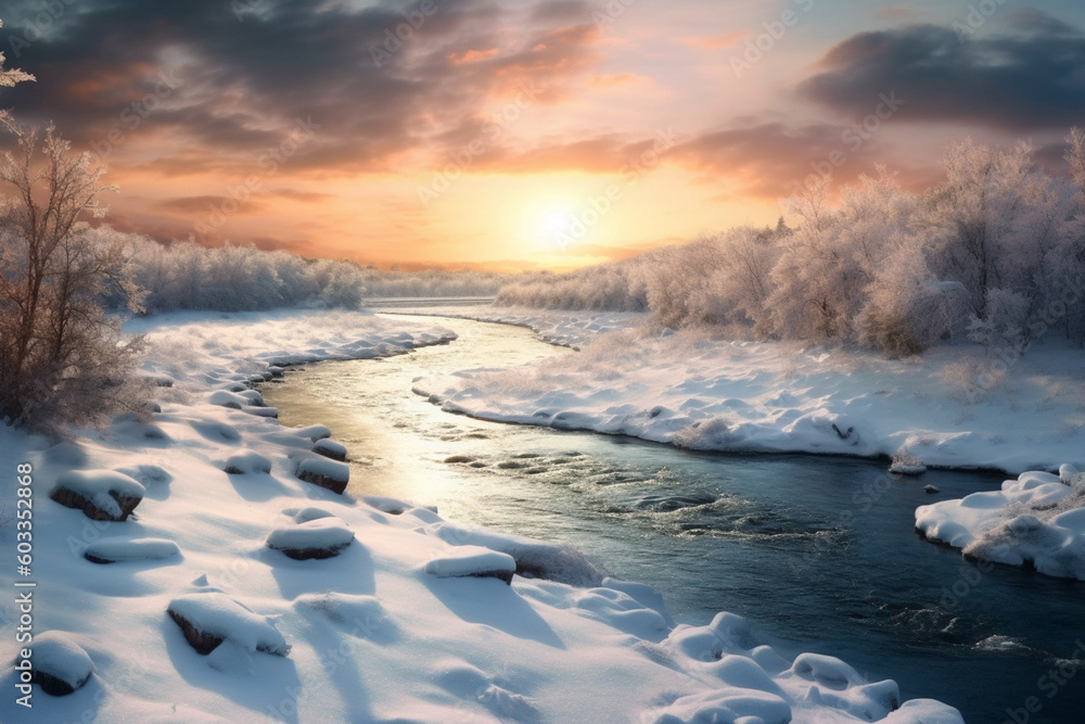 Poster a frozen river winding its way through a snowy landscape, portraying the stillness and tranquility o
