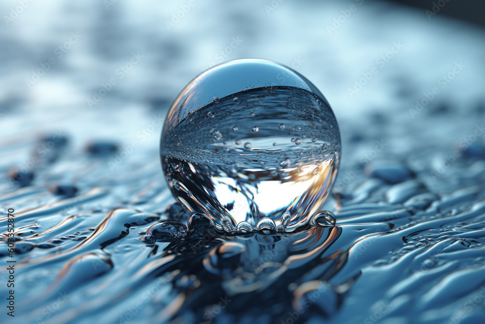 Poster a frozen water droplet, capturing the moment when water transforms into a beautiful ice formation. g