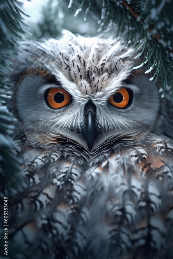 Aufkleber A close-up image of a frozen owl perched on a tree branch, with its piercing eyes and intricate feather patterns captivating the viewer. Generative AI technology.