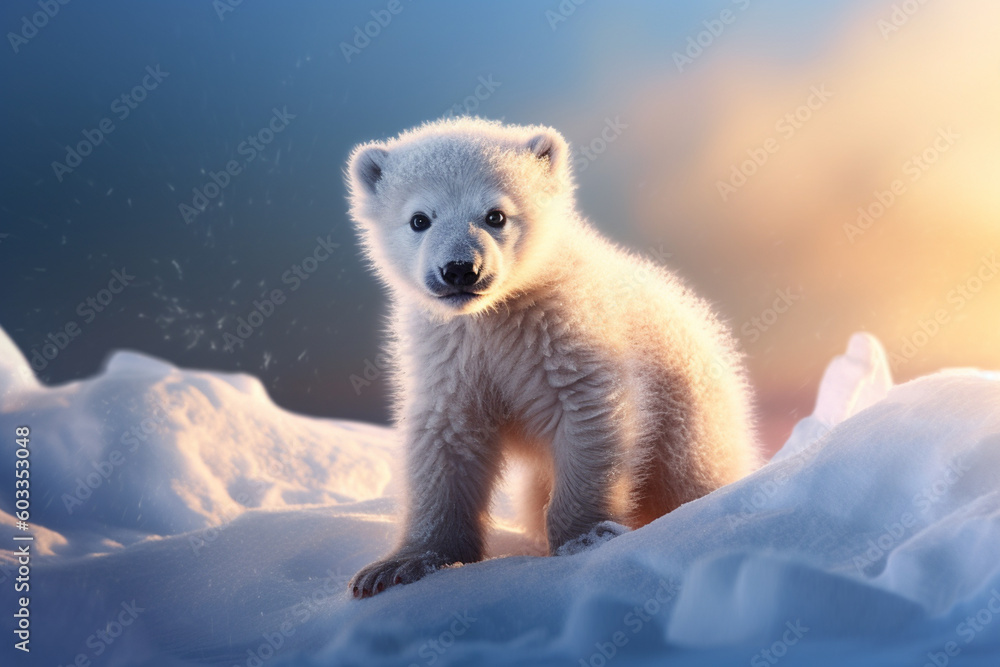 Poster a frozen moment of a polar bear cub playing in the snow, radiating a sense of innocence and wonder i