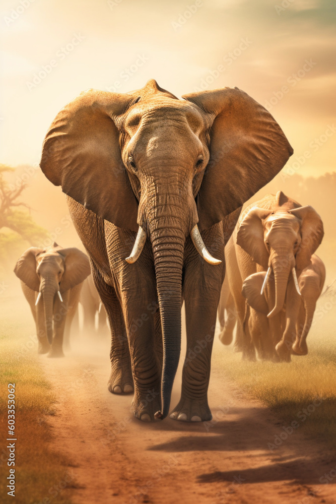 Poster a group of elephants walking in a line across the african plains, highlighting their strong social b