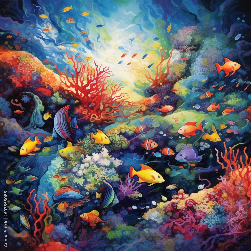 Aufkleber an abstract depiction of a vibrant coral reef teeming with colorful fish, conveying the diversity an