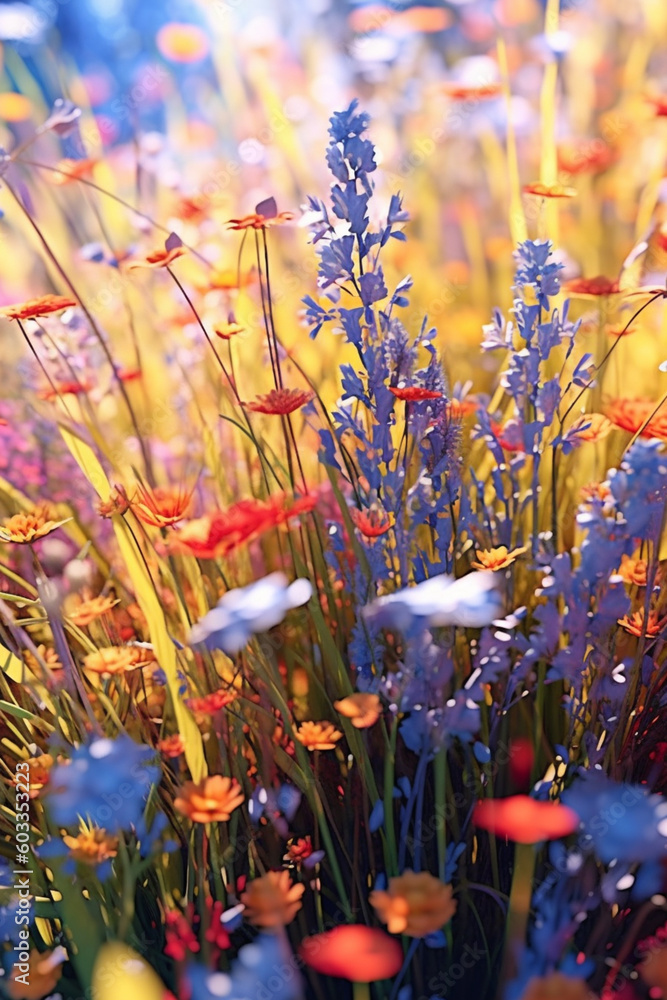 Poster a field of wildflowers, with their dynamic and varied shapes and colors, symbolizing freedom and wil