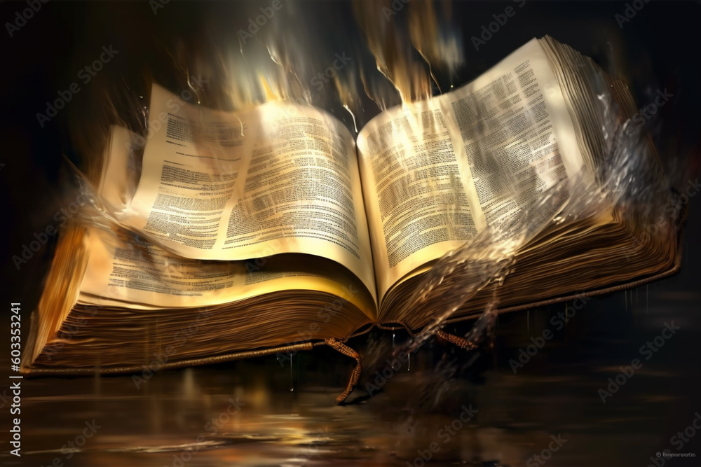 Poster the bible's pages unfolding, revealing a hidden message or imagery within. generative ai technology.