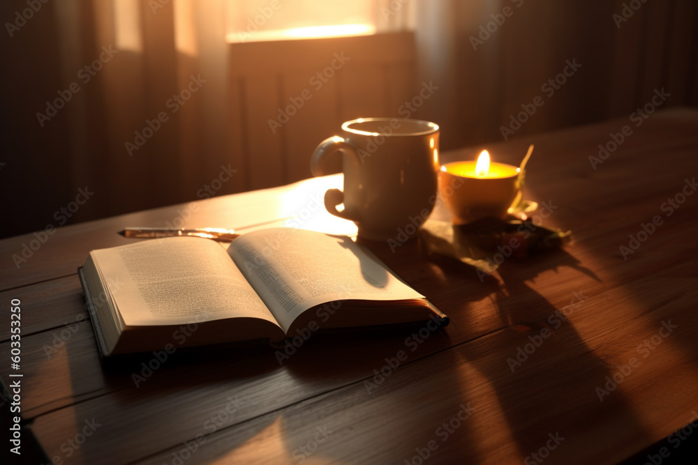 Poster a bible resting on a wooden table, accompanied by a lit candle and a cup of tea, creating an atmosph