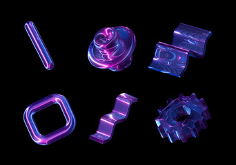 3d render set of purple neon glass elements or icons isolated on black background. Glowing abstract...