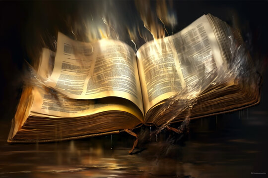the Bible's pages unfolding, revealing a hidden message or imagery within. Generative AI technology.