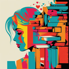 Modern student as concept of education and knowledge for World Book Day, Book Lovers Day, Read a Book Day. Bright silhouette of girl reader flat illustration. Generative AI
- 603353458