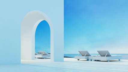 Obraz na płótnie Canvas Beach luxury Lounge Terrace on Sea view - Santoriniisland style - 3D rendering