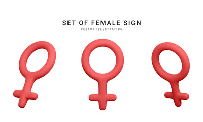 Set of 3d realistic female symbol isolated on white background. Renderings gender icon. Vector illustration