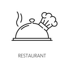 Restaurant food service cloche with chef cook hat isolated thin line icon. Vector gourmet dinner, served restaurant food snack, lunch order in hotel