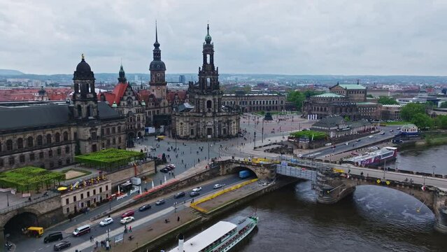 Drone shot of Dresden Cathedral ( Katholische Hofkirche ) or Cathedral of the Holy Trinity ( Kathedrale Sanctissimae Trinitatis ) , Dresden , Germany .