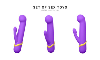 Set of 3d realistic double headed dildos vibrator isolated on white background. Sex toys for sex shop. Vector illustration