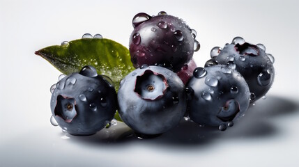 Juicy Blueberries Fresh and Plump with Visible Water Drops on a Clean White Background, a Refreshing Burst of Sweetness