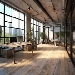 Fototapeta na wymiar Contemporary Workspace Oasis: Fusion of Modern Office Design and Loft Industrial Charm