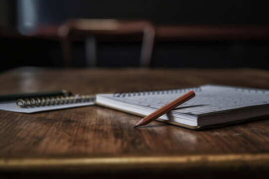 Close up view of a wooden desk with a pen and a notebook, educationnal style, study material and academic tools, IA Image.