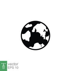 World planet icon. Simple solid style. Globe, earth, map, pictogram, web, geography concept. Black silhouette, glyph symbol. Vector illustration isolated on white background. EPS 10.