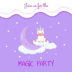 Card invitation for party with cute unicorn rainbow on cloud and moon with stars