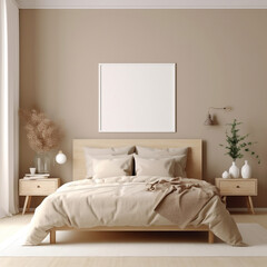 Bedroom interior with sand filled colored furniture and linen