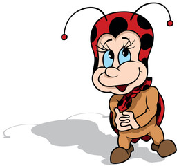 Diffident Ladybug with Intertwined Fingers Standing on the Ground