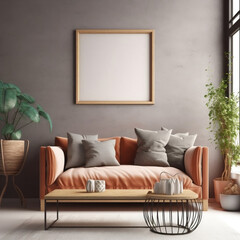 Home living room mock up with frame, cozy modern colorful interior background