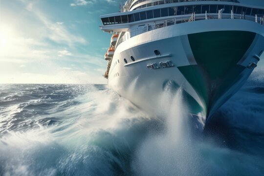 A dynamic image of the bow of a cruise ship cutting through waves, capturing the power and motion of the ship as it plows through the sea. Generative Ai