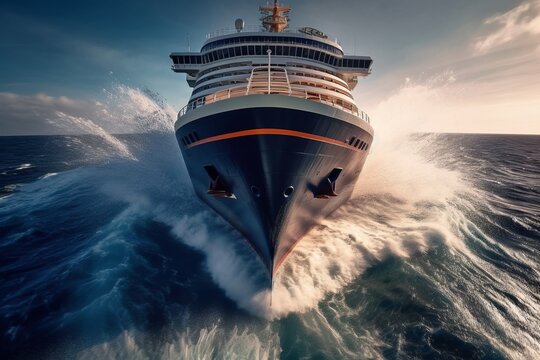 A dynamic image of the bow of a cruise ship cutting through waves, capturing the power and motion of the ship as it plows through the sea. Generative Ai