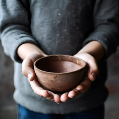Fototapeta na wymiar Hands of child holding empty clay bowl, closeup, poverty