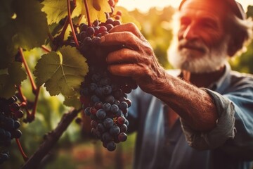 Close-up of a man picking red wine grapes on vine in vineyard. Generative AI