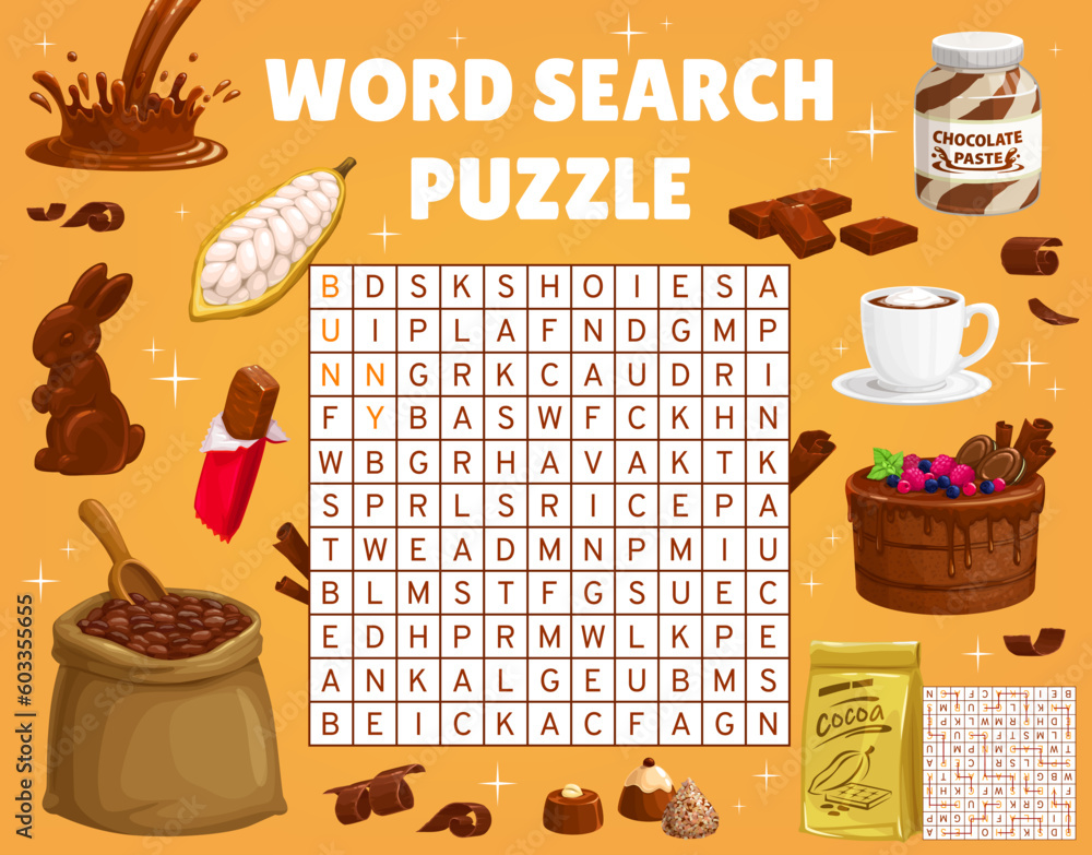 Poster cocoa and chocolate word search puzzle game worksheet. vector crossword quiz grid, brainteaser with 