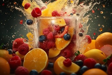 Fototapeta na wymiar A high-speed image of fruits plugging glass dish with droplets of juice splashing out, showcasing fruits and emphasizing the freshness and vitality of the ingredients. Generative AI