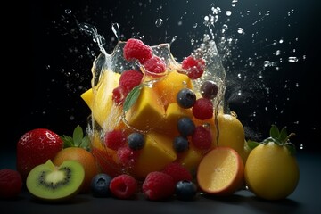 Fototapeta na wymiar A high-speed image of fruits plugging glass dish with droplets of juice splashing out, showcasing fruits and emphasizing the freshness and vitality of the ingredients. Generative AI