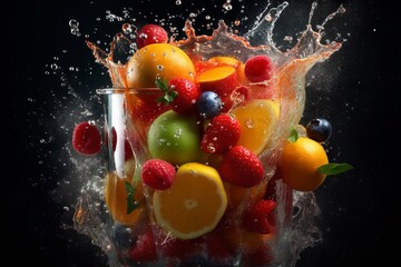 A high-speed image of fruits plugging glass dish with droplets of juice splashing out, showcasing fruits and emphasizing the freshness and vitality of the ingredients. Generative AI