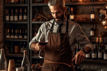 Photo of a male sommelier in a brown apron standing in the cellar and pouring wine into a glass. Generative AI - obrazy, fototapety, plakaty