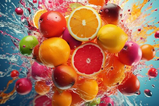 An artistic image of fruit slices suspended in mid-air, surrounded by swirling streams of colorful fruit juice, creating a captivating and dynamic composition. Generative AI © bluebeat76