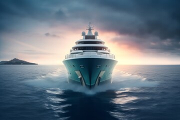 Fototapeta na wymiar Front view of a dynamic image of super Yacht that run in the middle of the ocean. Generative AI