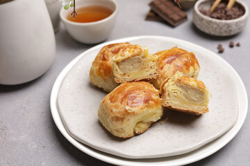 Pastry product with banana filling on a plate