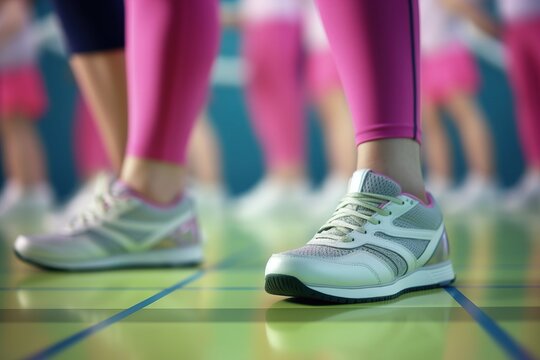 aerobics room. Women's legs in sneakers in sports. generated by AI Generative AI