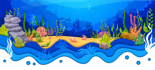 Fototapeta na wymiar Cartoon sea underwater paper cut landscape with seaweeds, seashells, corals and reefs. Vector ocean bottom, blue water waves, marine animals, bubbles, fish and dolphins with 3d layered papercut border