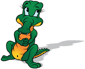 Green Crocodile with Yellow Belly and Blue Eyes from Front View