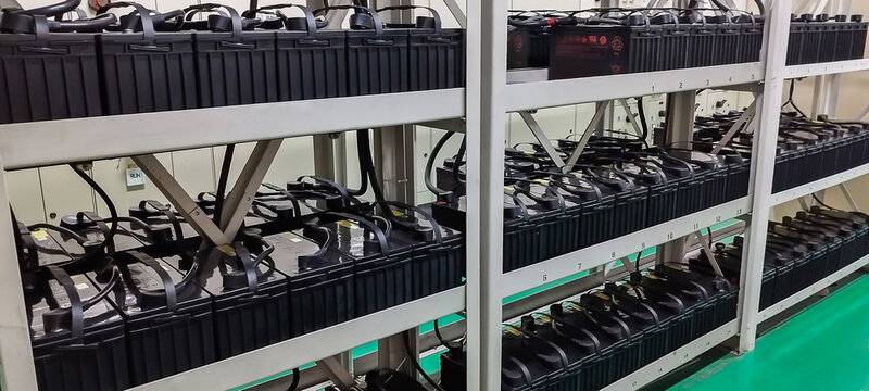 Multiple batteries connected for power backup in the factory on the UPS system