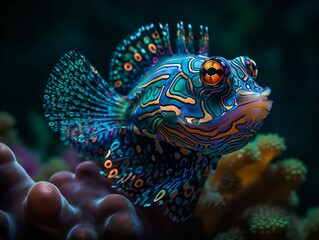 Fototapeta na wymiar The Vibrant Hues of the Mandarin Fish in Coral Reefs