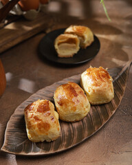 Pastry product with banana filling on a plate
